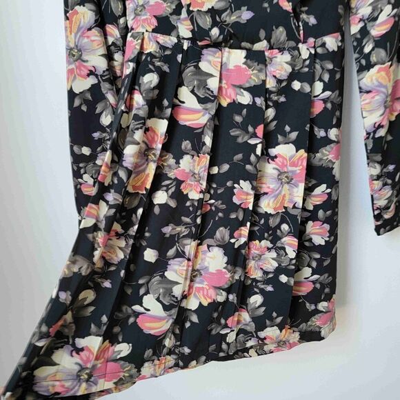 Forever 21 Black Floral Print Long Sleeve A Line Dress Tie Back Size Small - Picture 6 of 8